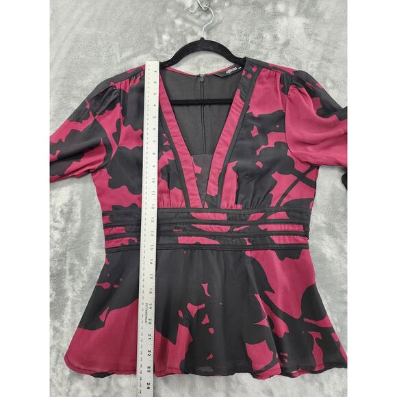Eshakti Floral Print Georgette Peplum Blouse Size M-8 Black Pink Back Zip Office - Picture 12 of 13